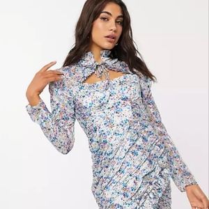 Asos design cupped structured ruched mini dress with tie neck in mixed ditsy flo